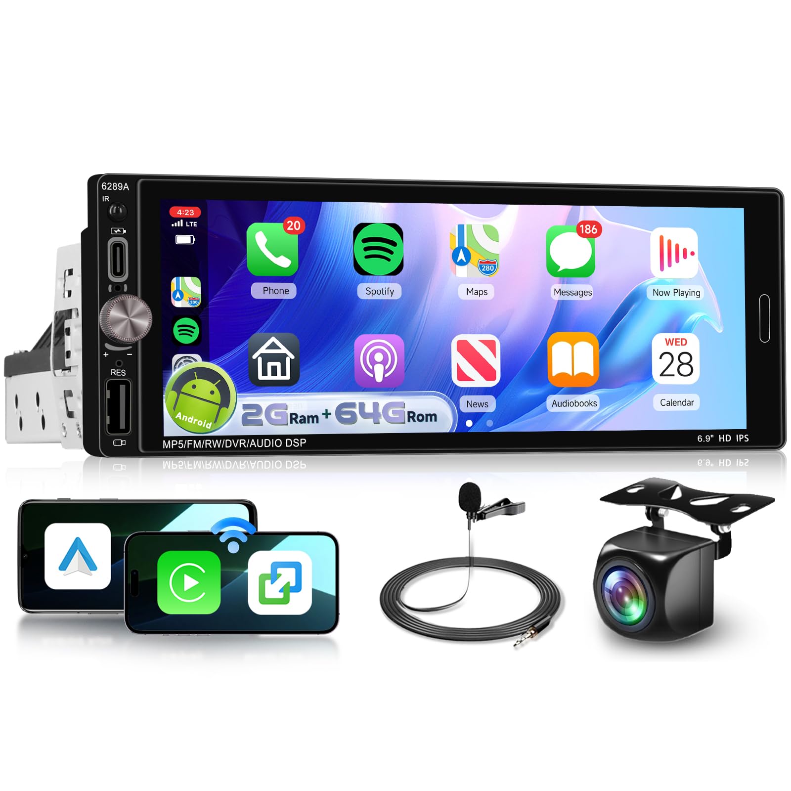 Photo 1 of [ 2G 64G] Single Din Android Car Stereo Wireless Carplay Android Auto, 6.9 Inch Touch Screen Car Radio with GPS Navigation WiFi Bluetooth 1 Din FM/RDS Audio Receiver, Type-C/USB, AHD Backup Camera