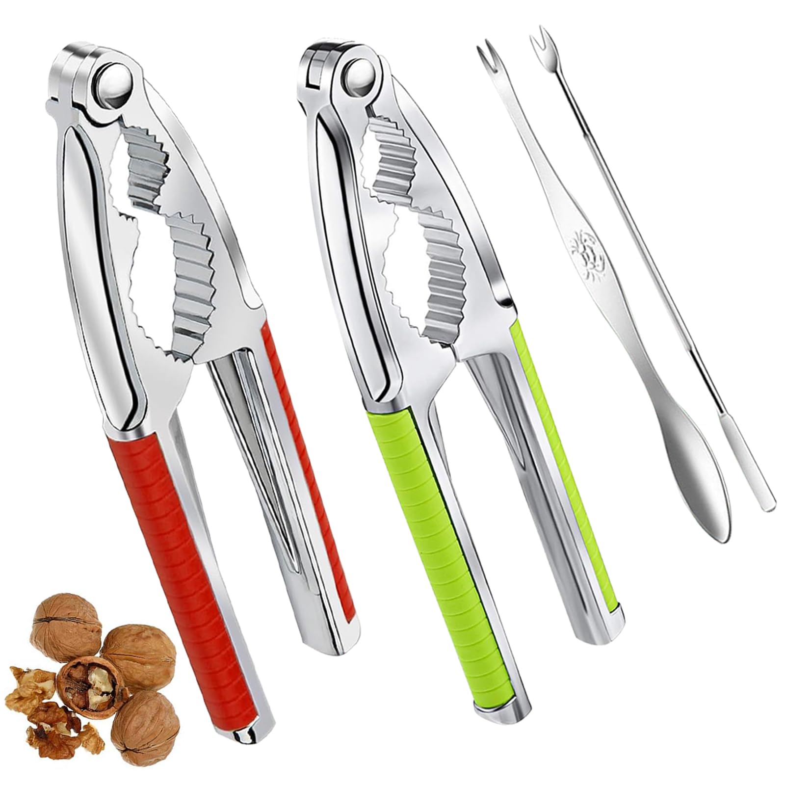 Photo 1 of Nut Cracker, 2-Pack Stainless Steel Nutcracker with Non-Slip Handle, for Walnuts, Pecans, Hazelnuts, Pistachio, Lobster & Crab Shells, Multi-Purpose Kitchen & Seafood Tool (Red and Green)