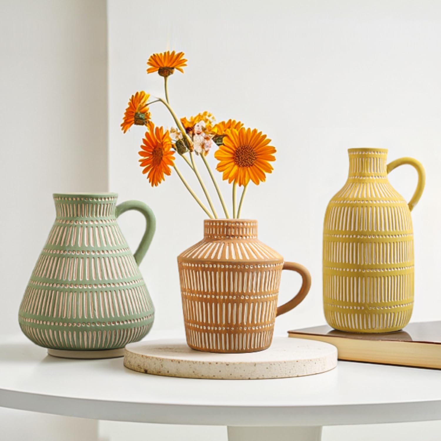 Photo 1 of **NO BOX, SUBJECT TO BREAKING**LIZOFER Boho Ceramic Vase Set of 3 for Living Room Bedroom Modern Yellow Brown Green Fake Flower Plant Vases for Home Decor Office Centerpieces Antique Retro Rustic Farmhouse Vintage Classic Gift