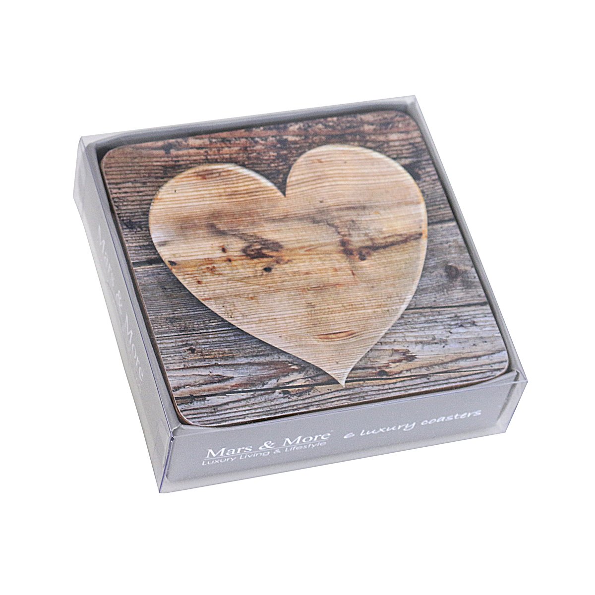 Mars & More 6-Piece Glass Coaster Set, Heart Wood, MM-SCOZHH, 8716522043563