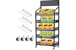 DoubleFill 1 Set Retail Display Rack Shelf Cart with Wheels and Hook Heavy-Duty Metal Snack Potato Chip Display Organizer Concession Stand for Supermarket Grocery Store Home Black (5 Tier 15 Hooks)