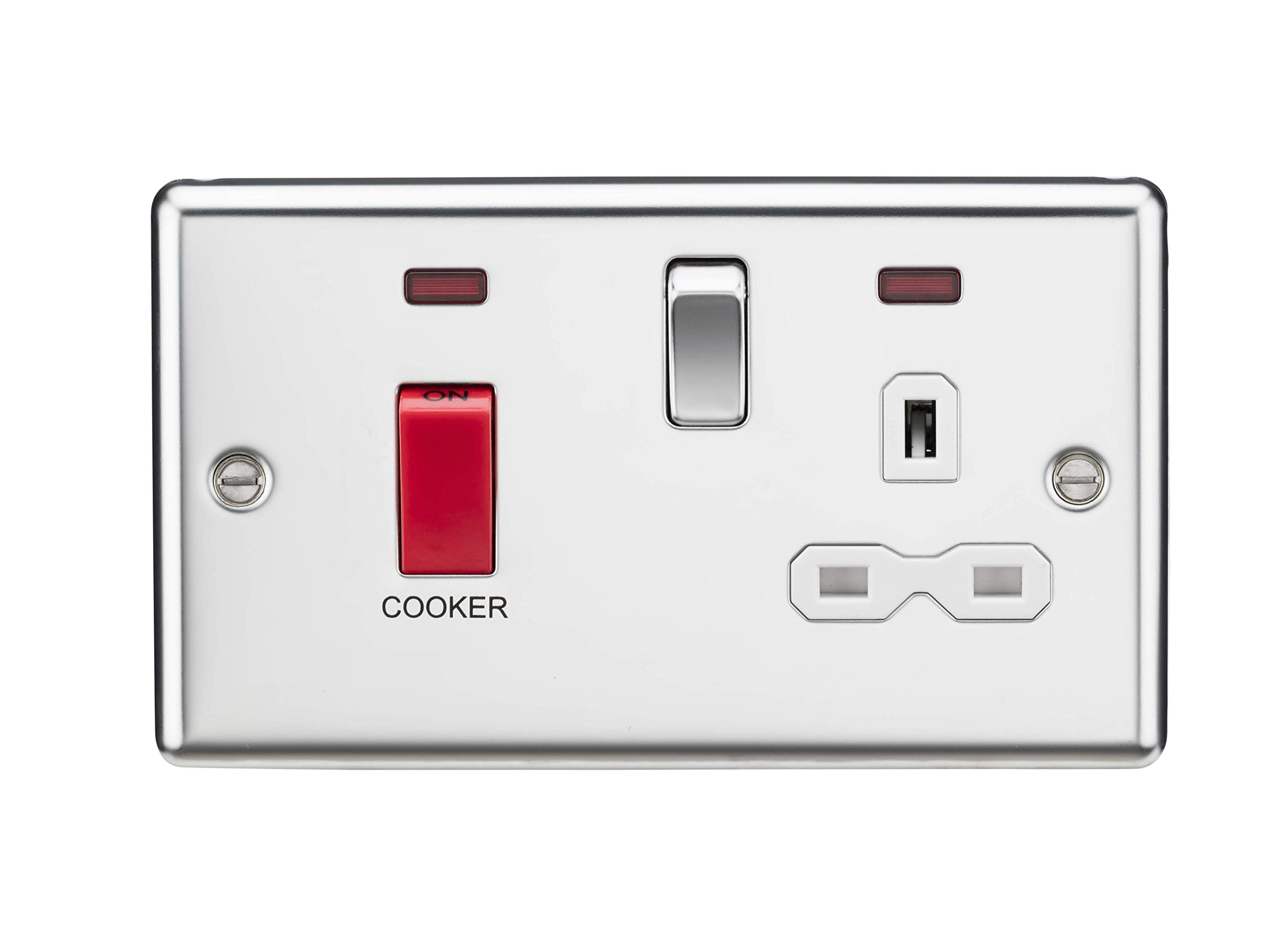 Knightsbridge CL83PCW 45A DP Cooker Switch & 13A Switched Socket with Neons & White Insert - Rounded Edge Polished Chrome