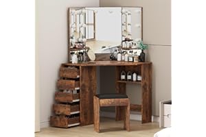 TackView Corner Vanity Desk with Stool & LED Lighted Mirror, Corner Makeup Vanity with Power Outlet, 3-Color Dimmable Light, 