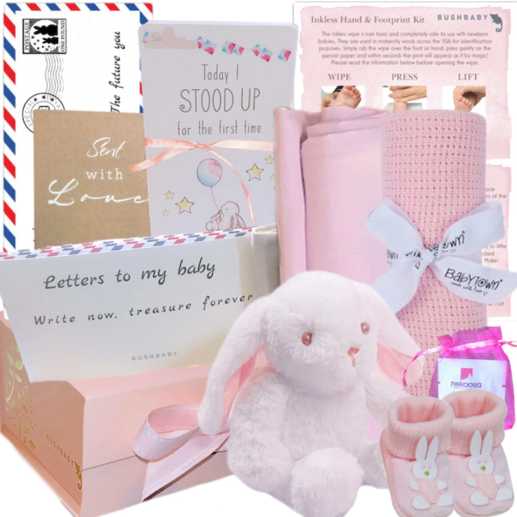 BUSHBABY Baby Gift Set - New Baby Hampers Girls in Keepsake Box with Unique New Baby Gifts - Baby Girl Gifts Newborn - Baby Shower Gifts for Mum - New Mum Baby Hamper Basket - Pink New Born Essentials