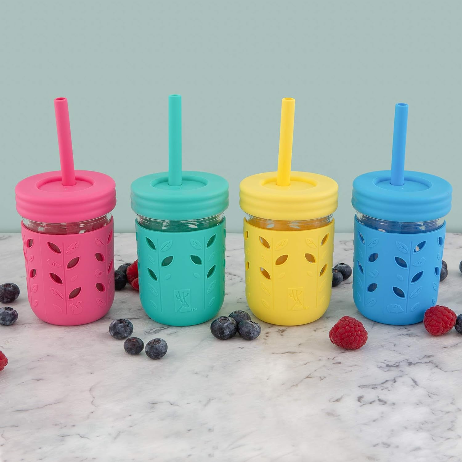 Elk and Friends Kids & Toddler Cups | The Original Glass Mason jars 8 oz with Silicone Sleeves & Silicone Straws with Stoppers | Smoothie Cups | Spill Proof Sippy Cups for Toddlers : Baby