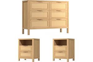 BTDWI Wood 6 Drawer Dresser & 2 Nightstand Set for Bedroom, Wide Rattan Drawer with Gold Handle for Bed Room, Hallway, Rustic Oak