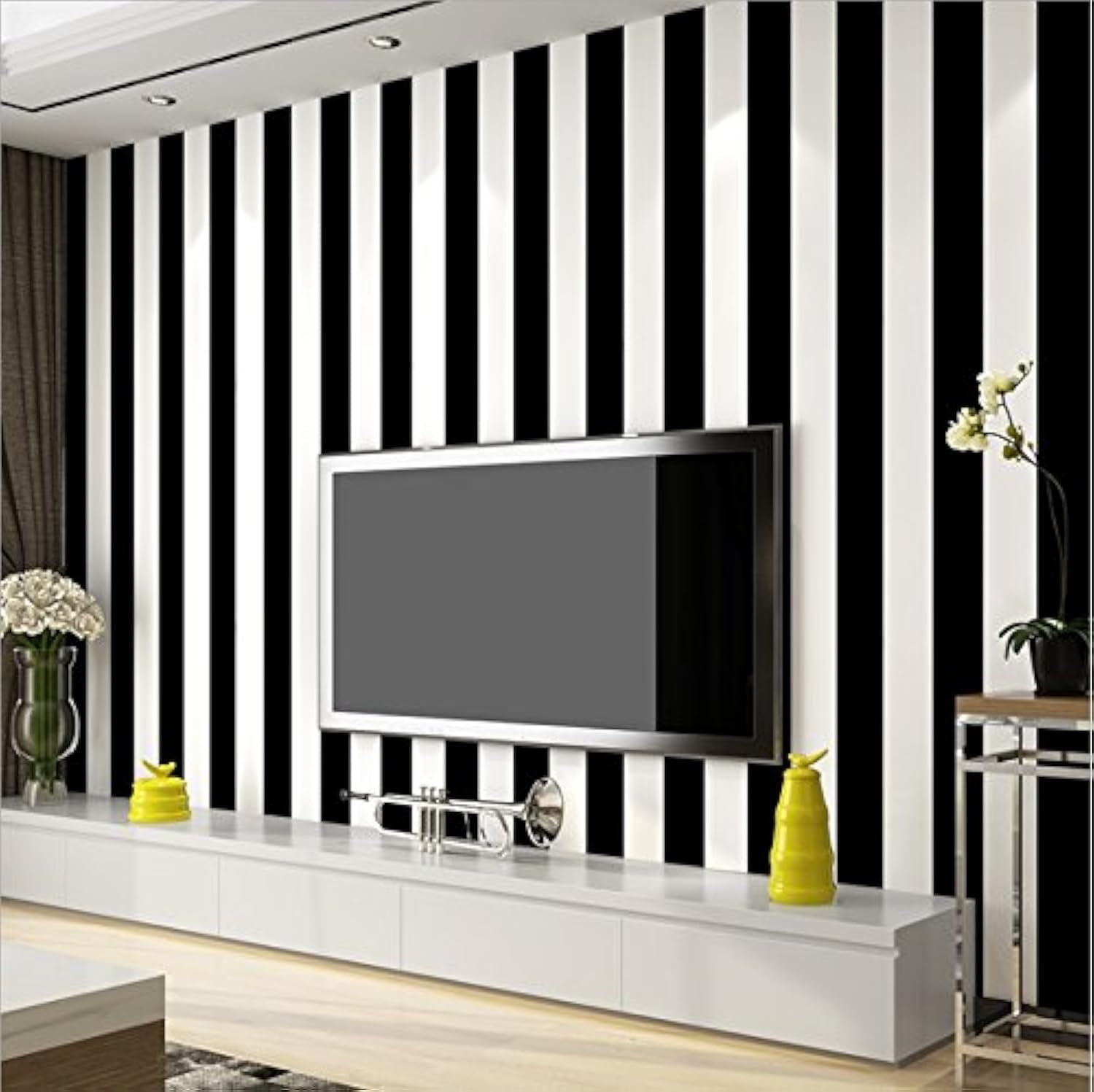 KeTian Modern Minimalist Vertical Striped PVC Wallpaper for Bedroom Living Room Black&White Color 0.53m (1.73' W) x 10m(32.8'L)=5.3m2 (57 sq.ft)