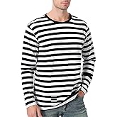 Funny World Men's Striped Cotton Long Sleeve T-Shirts Casual Crewneck Basic Tee