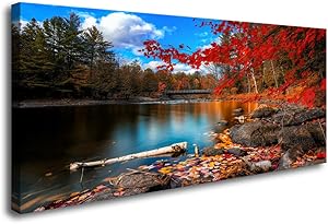 S72662 Canvas Wall Art Canvas Artwork Lake Mountain Red Maple Leaf National Park Nature Pictures for Living Room Bedroom Office Wall Decor Home Decoration