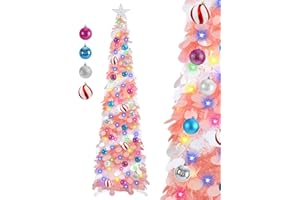 SINTENILL 5 FT Pop Up Christmas Tree with Timer Lights and Decorations, Pink White Artificial Tinsel Christmas Tree with 24 Ball Ornaments, Collapsible Pencil Tree for Home, Office, Holiday