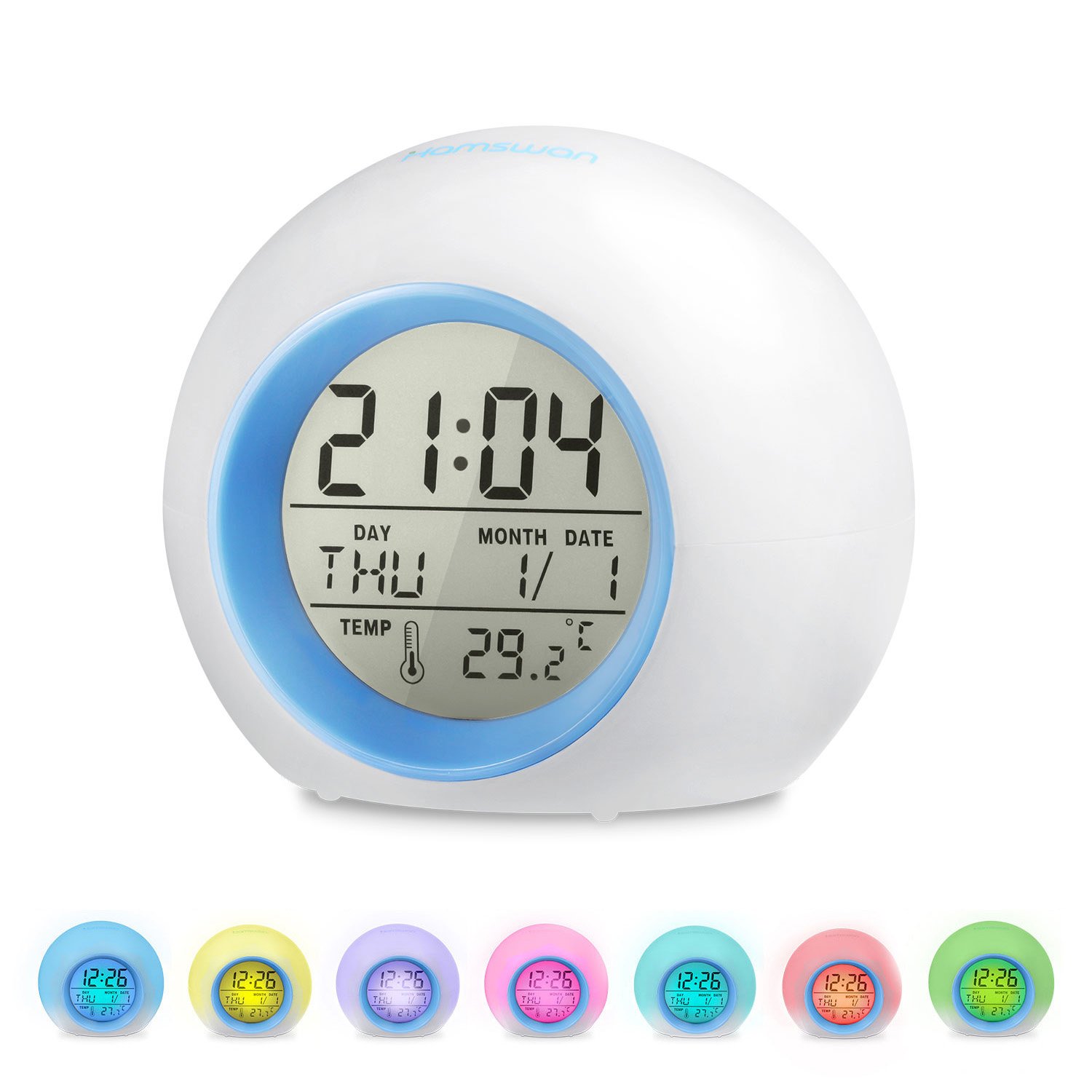 [Kids Gifts] HAMSWAN 7 Colors Changing Alarm Clock Nature Sounds One Tap Control Sleep-Friendly with Indoor Temperature Display for Working Parents, Students etc (Light Blue)