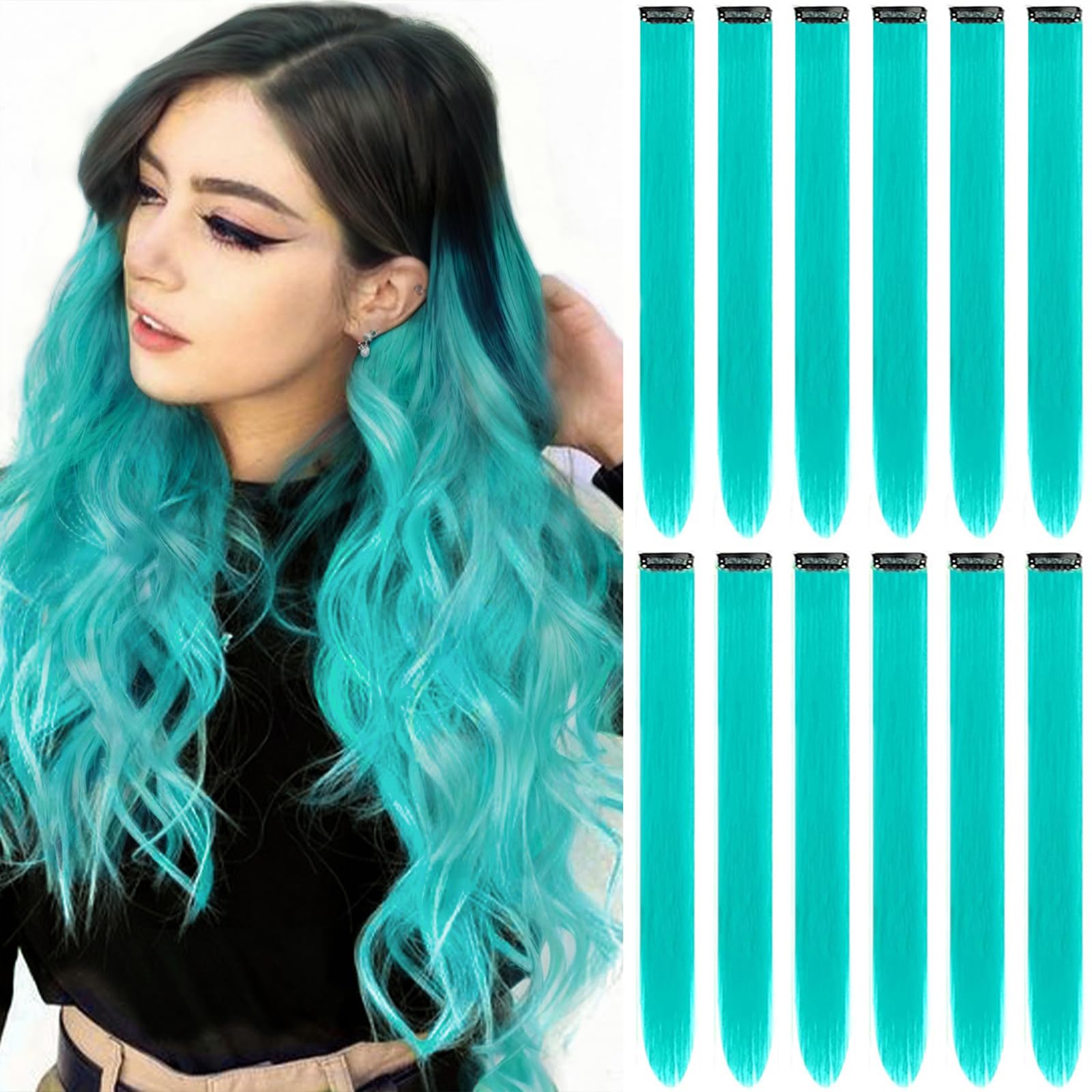 Photo 1 of 12 PCS Teal Blue Hair Extensions Clip in, Colored Party Highlights Extension for Kids Girls Synthetic Hairpiece Straight 22 inch