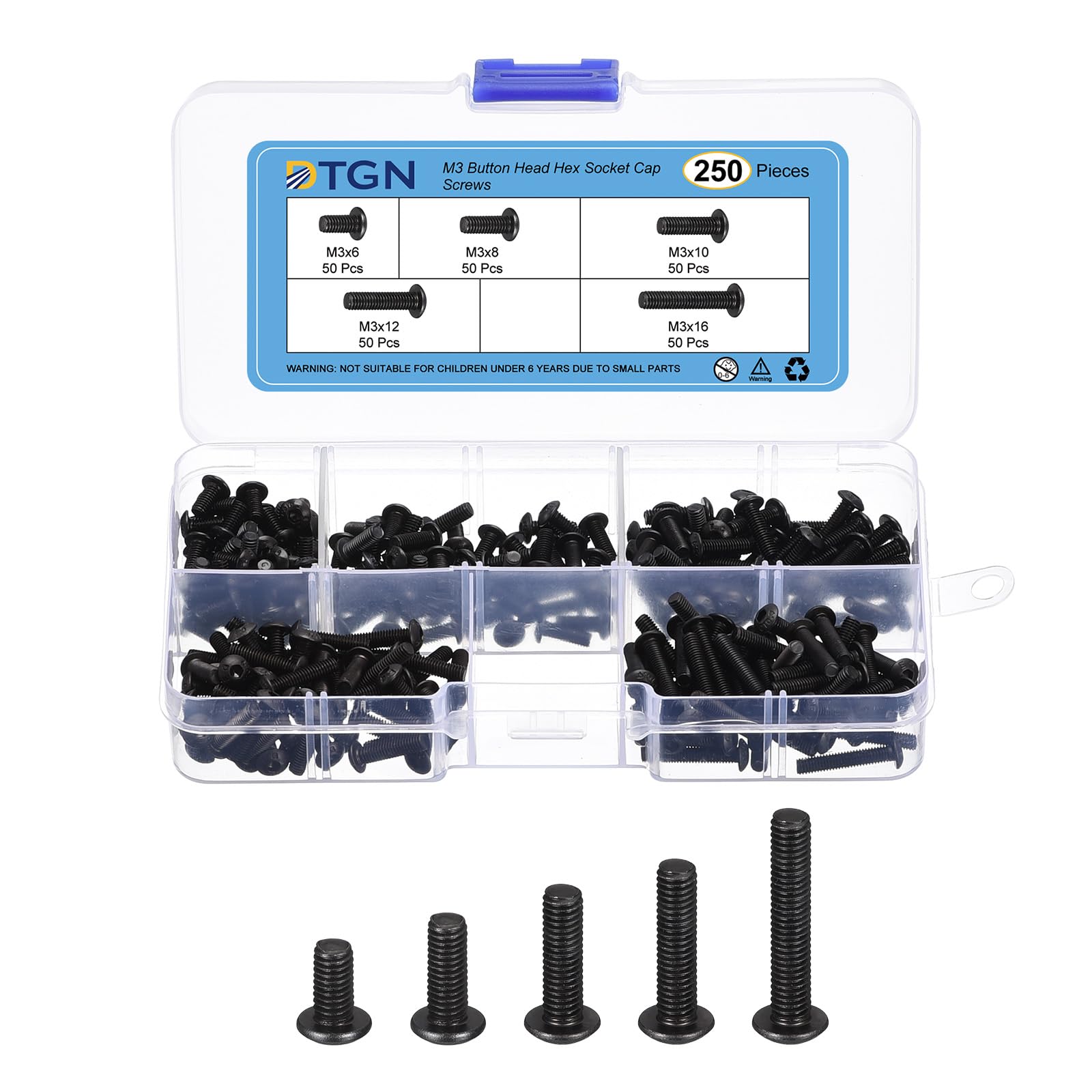 DTGN 250Pcs M3 Button Head Socket Cap Screws Kit - 6/8/10/12/16mm Carbon Steel Black Oxide Full Thread Hex Socket Cap Screw Assortment - Good for Machine, Furniture Repairing