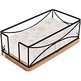 Livabber Guest Napkin Holder, Metal Bathroom Paper Hand Towel Storage Modern Napkin Tray Caddy for Countertop, Table Kitchen, Dinning Room (Black, Wooden Base)