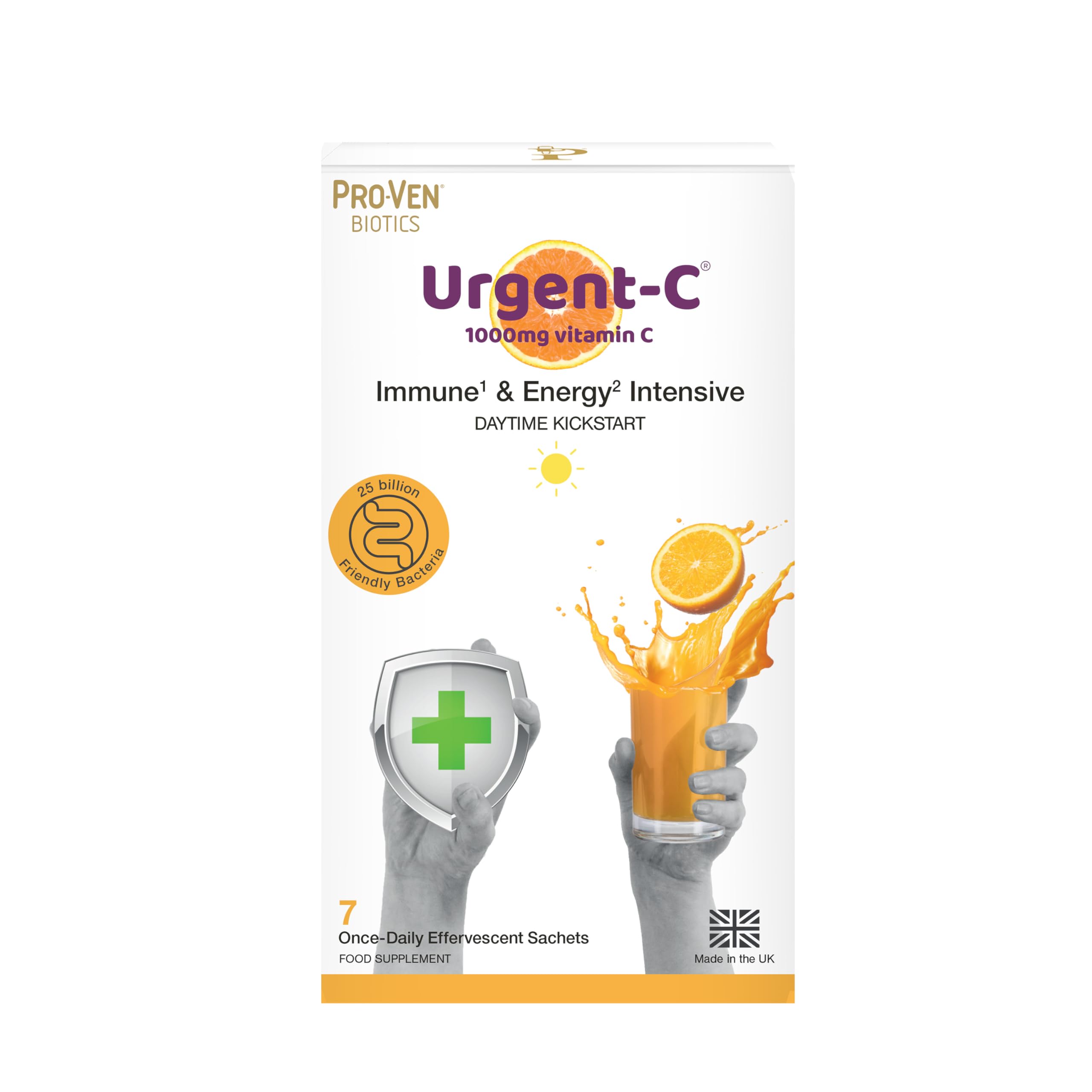 Pro-Ven Probiotics Urgent-C Daytime Kickstart Vitamin C, D, Zinc & Selenium Immune & Energy Intensive Formula25 Billion CFU Live Bacteria Orange Fizzy Drink, 7 Sachets