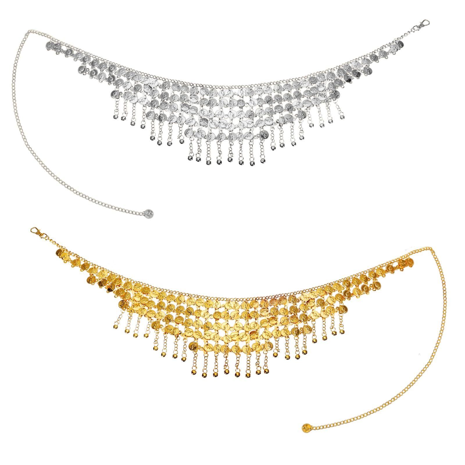 Photo 1 of ***Silver missing***Eorbow 2 Pack Belly Dance Hip Scarf Belt, Dangling Coins Bellys Dancing Skirt, Belly Dancer Bottoms Halloween Costume Accessory for Women, Music Festival, Gold and Silver, 32 Short