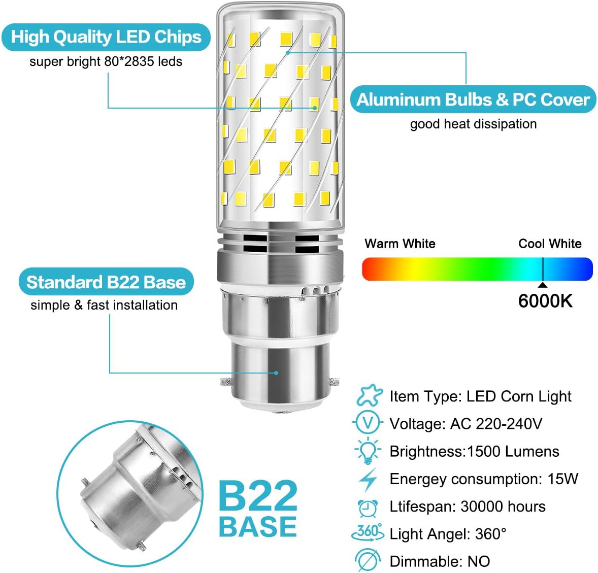 Tailcas B22 LED Bayonet Light Bulbs, 12W Bayonet LED Bulb 6000K Daylight White (Equivalent 100W 150W), 1000Lumen - Image 5