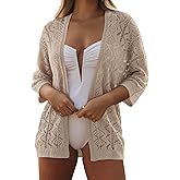 SHEWIN Women Summer 3/4 Sleeve Crochet Coverup Open Front Beach Cover Ups 2026