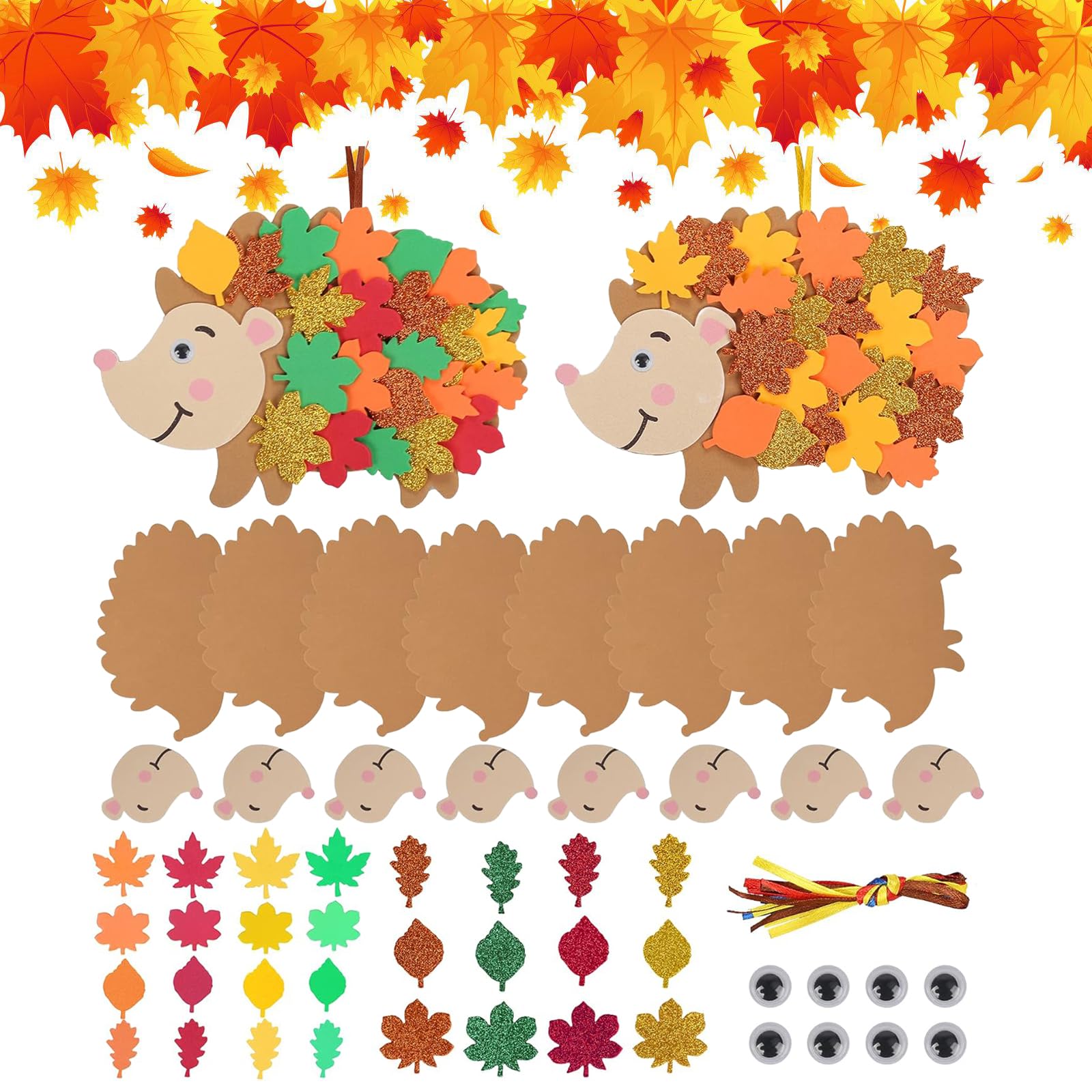 Gibocot 12 Pack Autumn Hedgehog Craft Kit for Kids - DIY Peel & Stick EVA Foam Self-Adhesive Leaves Art Supplies, Hanging Decorations for Children's Group Classroom Activities
