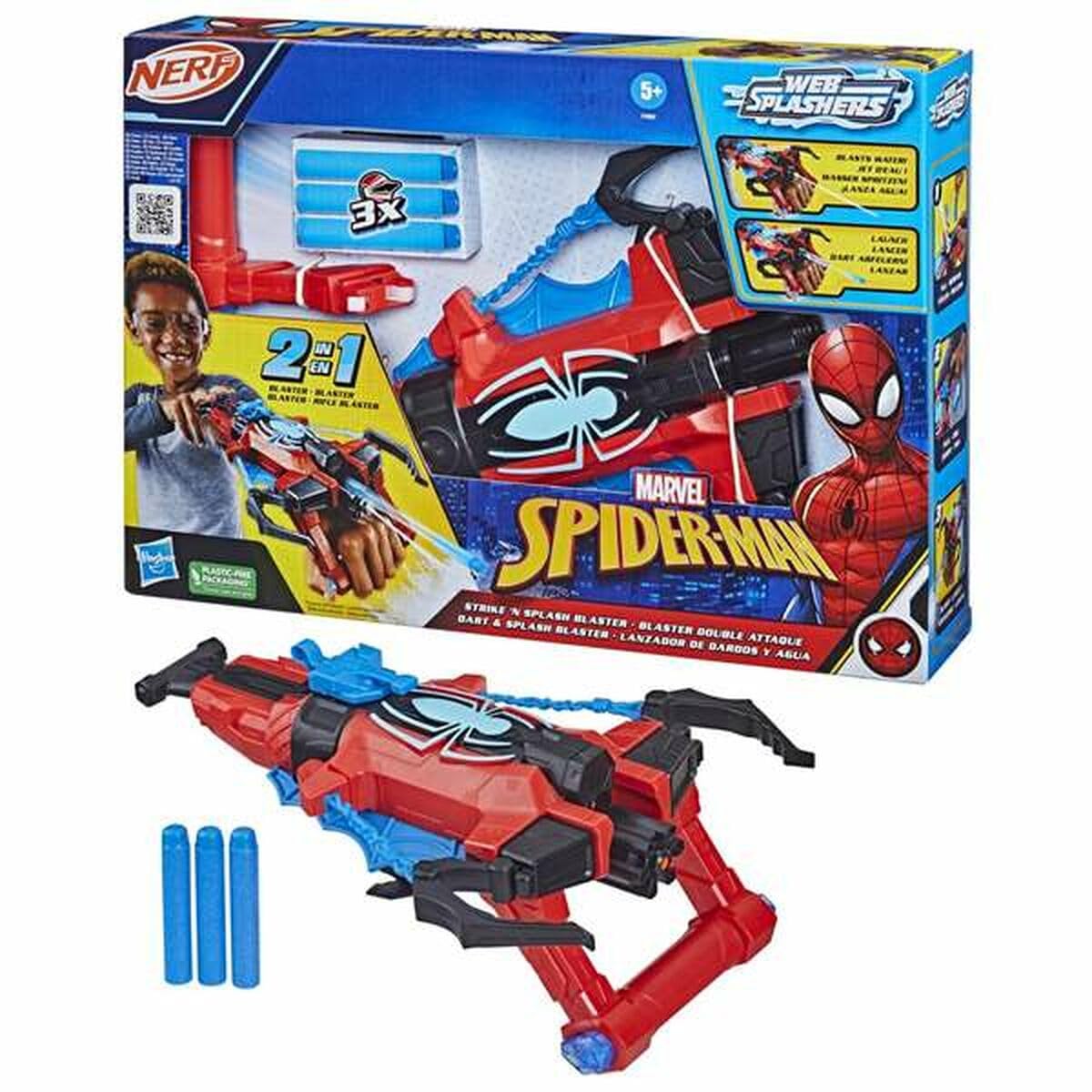 Marvel Spider Strike ‘N Splash Blaster for Kids, Water Pistol for 5+ Year Old Children, Nerf Dart Launcher