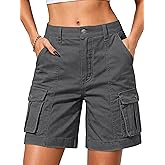 ELLEVEN Bermuda Cargo Shorts Women, Elastic High Waist 6 Pockets Shorts 7 Inch Inseam Summer Jorts for Women Casual