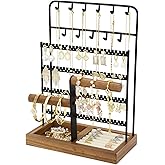 JONKASIPA Jewelry Holder Organizer Stand 4-Tier Necklace Stand Earring Holder with Wooden Tray, Jewelry Rack for Bracelets Watches and Rings Display Stand, Gifts for Women & Girls-Black