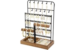 Jewelry Holder Organizer Stand 4-Tier Necklace Stand Earring Holder with Wooden Tray, Jewelry Rack for Bracelets Watches and 
