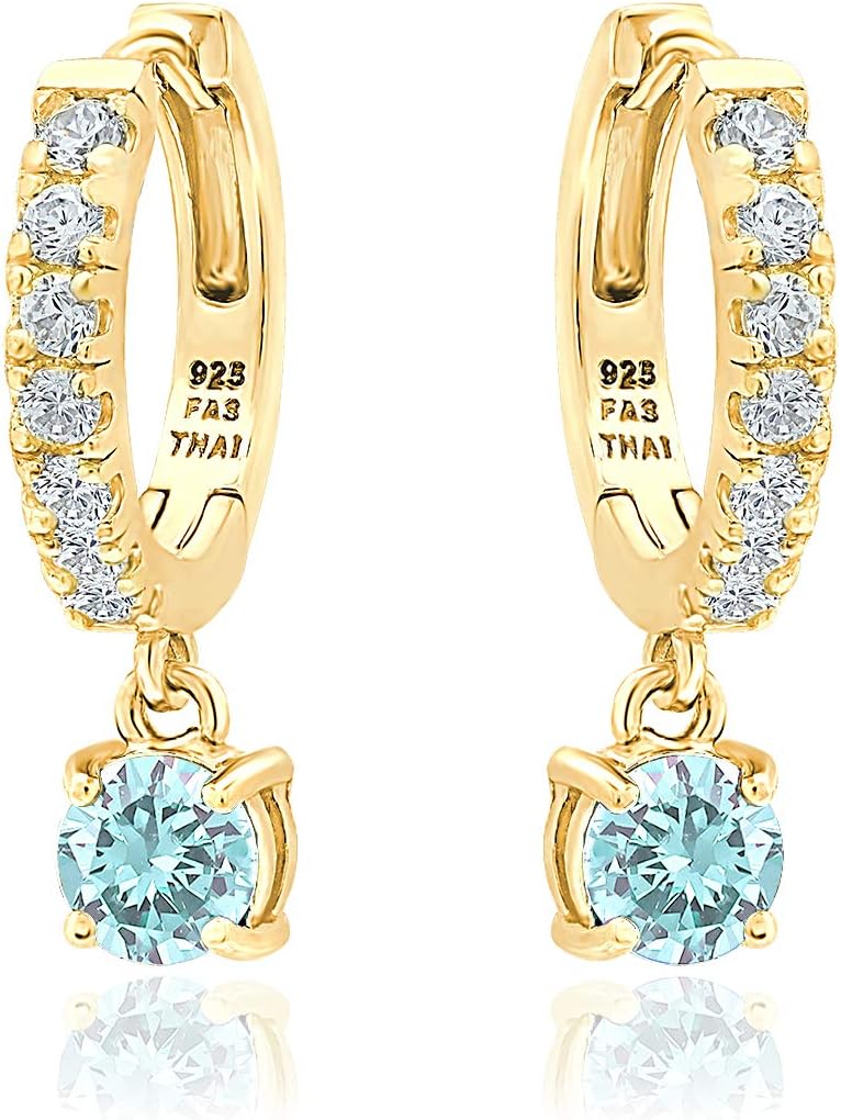 Sterling Silver 5mm Genuine, Created or Simulated Gemstone Birthstone Month Colors& White CZ Dangle Huggie Hoop Earrings for Women Teen Girls, 15mm Diameter