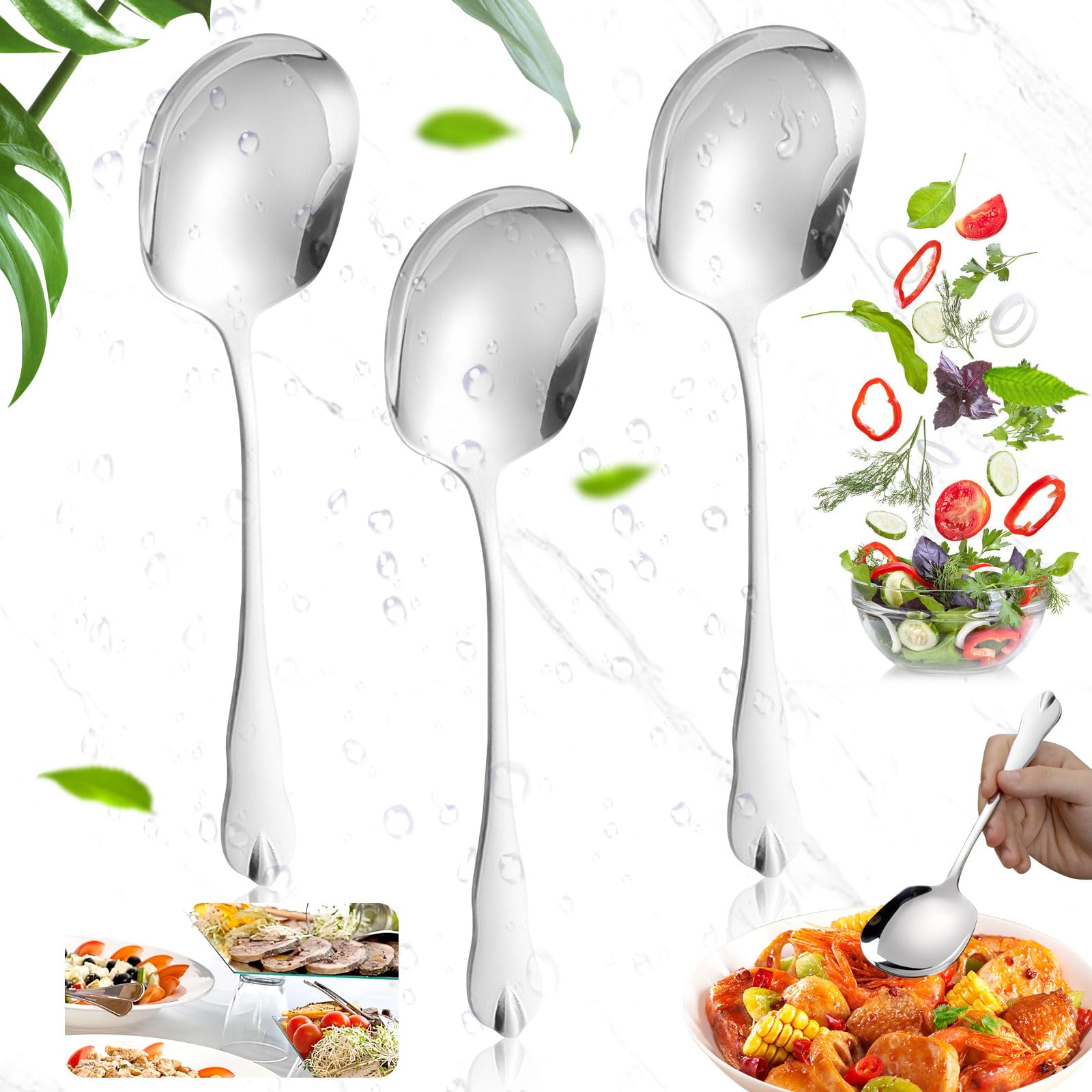Aatpuss 3 Serving Spoons, Small Spoon with Long Handle, Dripping Spoon, Polished Stainless Steel Spoon, Suitable for Serving Spoons, Tableware, Serving Cutlery, Buffet Spoon, High Gloss