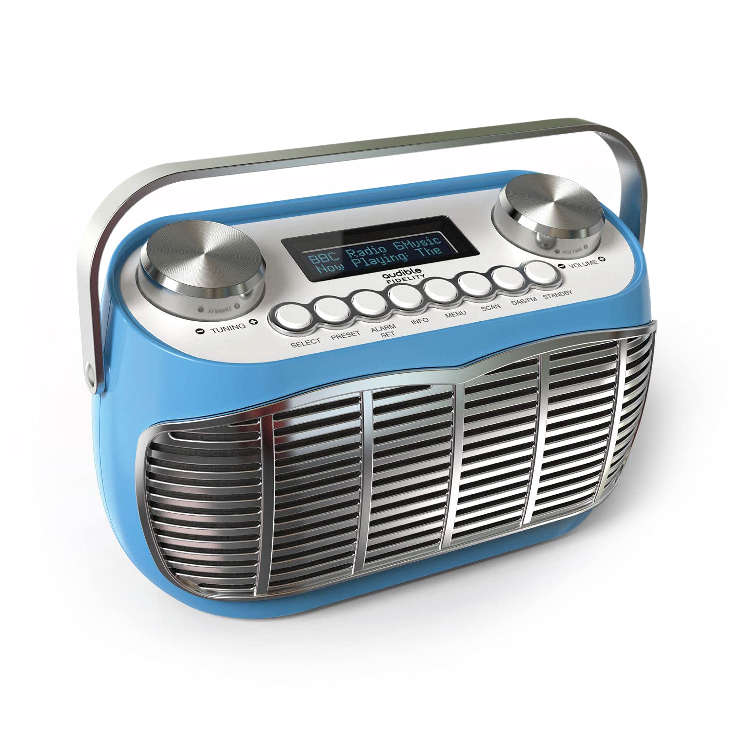 Audible Fidelity DETROIT DAB Radio Alarm Clock, Retro Style, Mains Powered or Battery, FM/DAB Plus, LCD Display (Blue)
