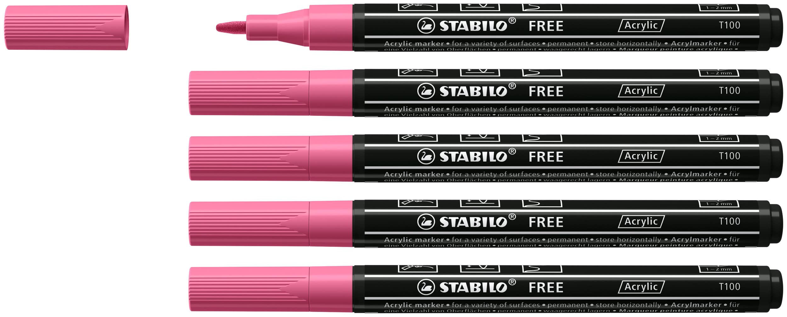 STABILO Acrylic Marker FREE Acrylic - T100 1-2 mm Bullet Tip - Box of 5 - Taffy Pink