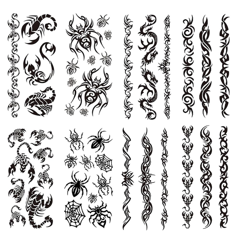 Yesallwas 8 Sheets Tribal Tattoos Spider Tattoos Dragon Temporary Tattoo Black Totem Pattern Tattoo Sticker for Men Women 3.54X7.48 inches (LXW)