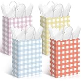 Kolldenn 24 Pcs Gingham Party Supplies Pastel Gift Bags 8.27 x 6.3 x 3.15 Inch Kraft Paper Checkered Plaid Candy Goodie Party Favors Bags for Easter Picnic BBQ Birthday Baby Shower Wedding