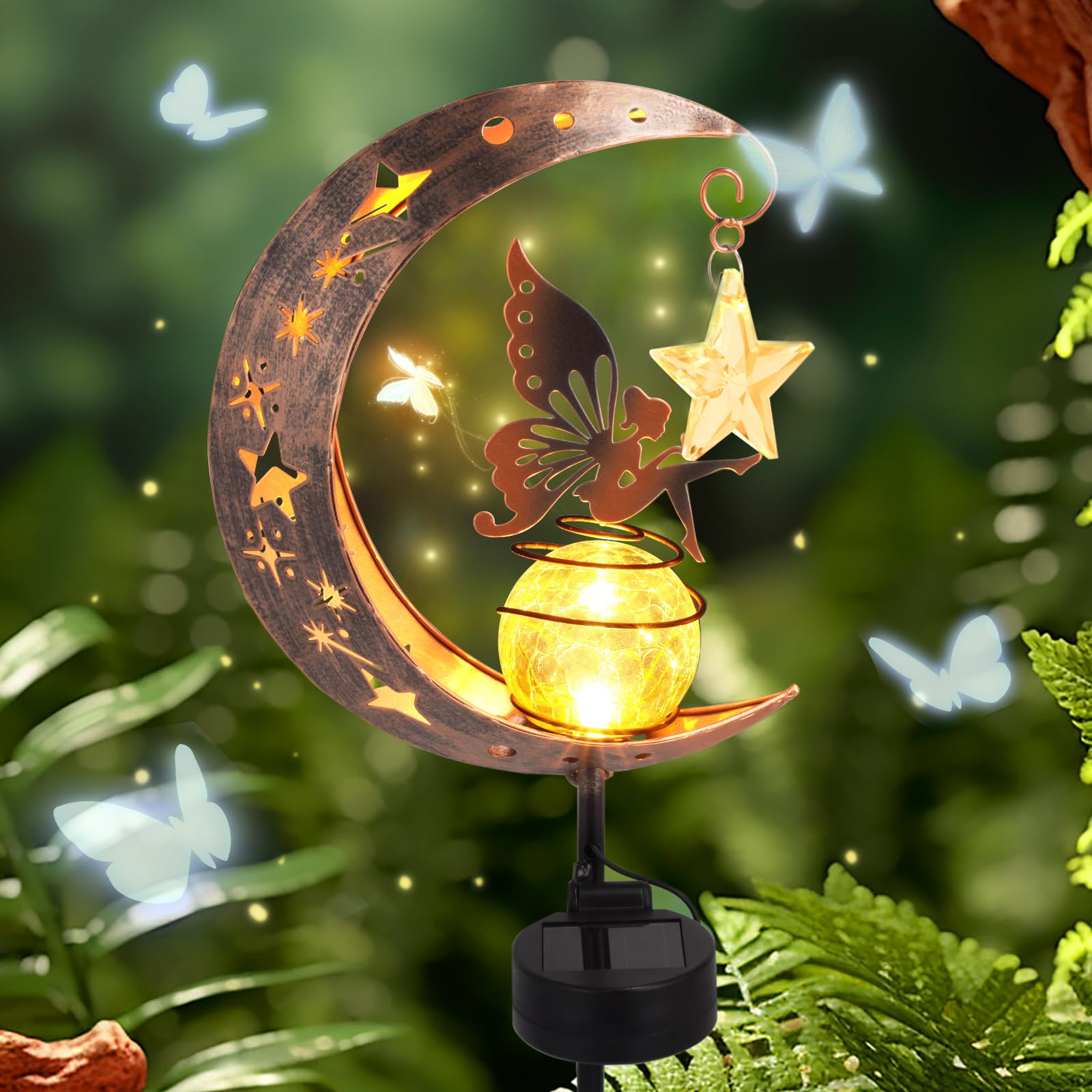 Txmyxgs Solar Fairy Lights, Solar Lamp Garden Ornaments Outdoor Moon Solar LED Lights, Bronze, Stainless Steel, Glass, Energy Class A