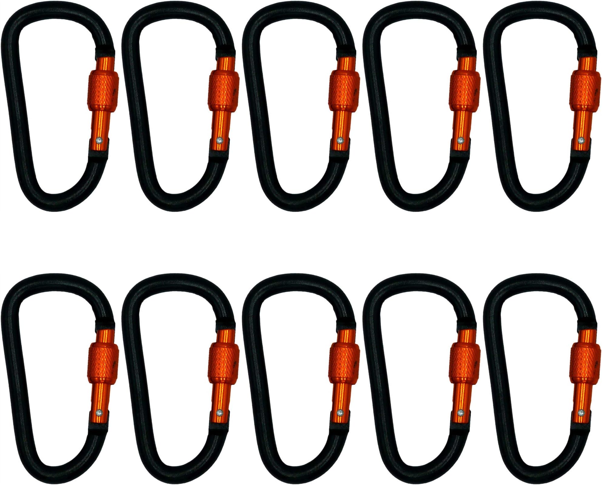 PLX Screw Locking Carabiner Clip Aluminum D-Ring (10 Pack) (Black with Orange Lock)