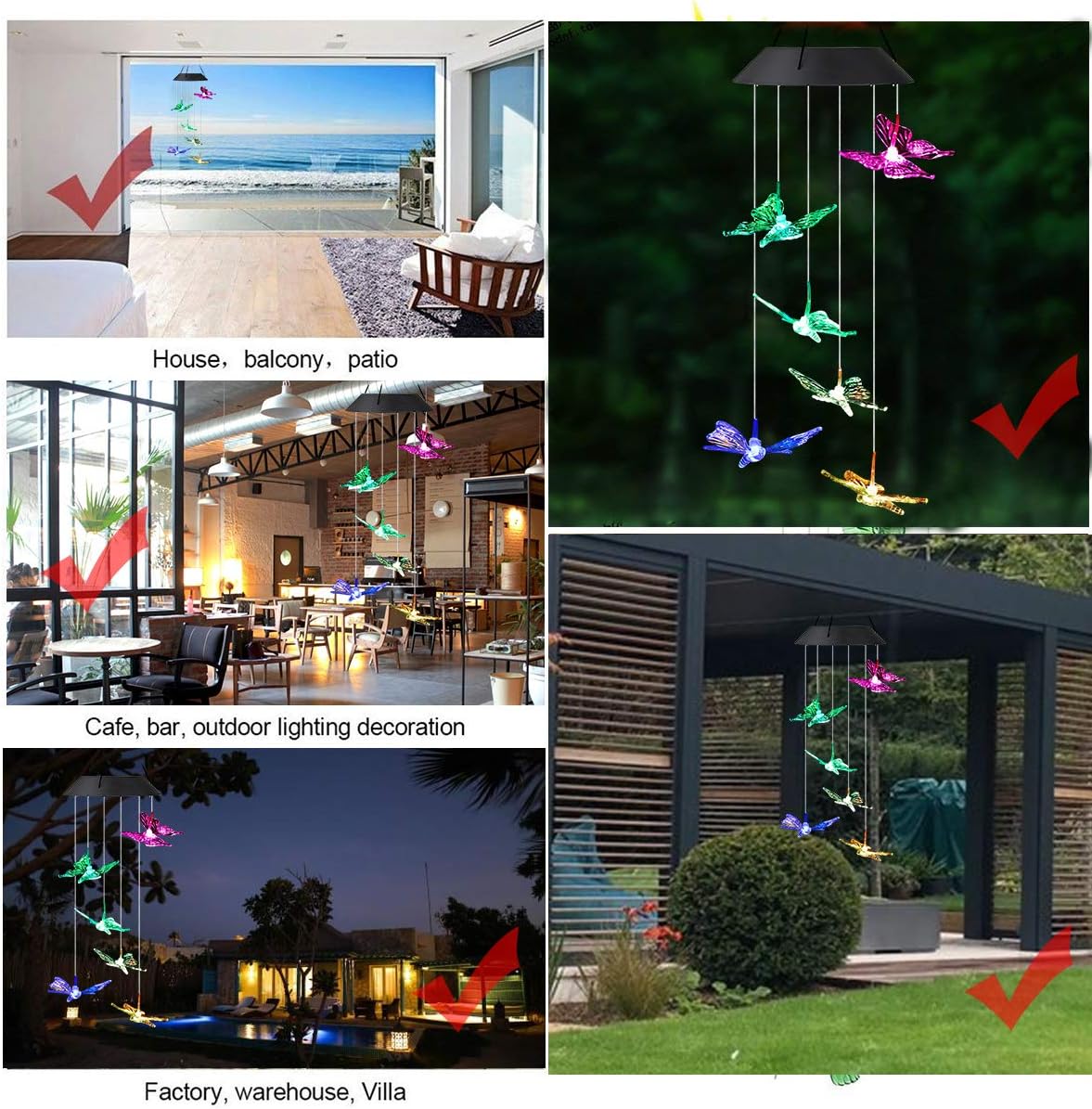 SUNJOYCO Butterfly Solar Wind Chimes, Color-Changing Outdoor Waterproof LED Wind Chime Solar Powered Colorful Light for Home/Party/Yard/Garden Decoration : Garden & Outdoor