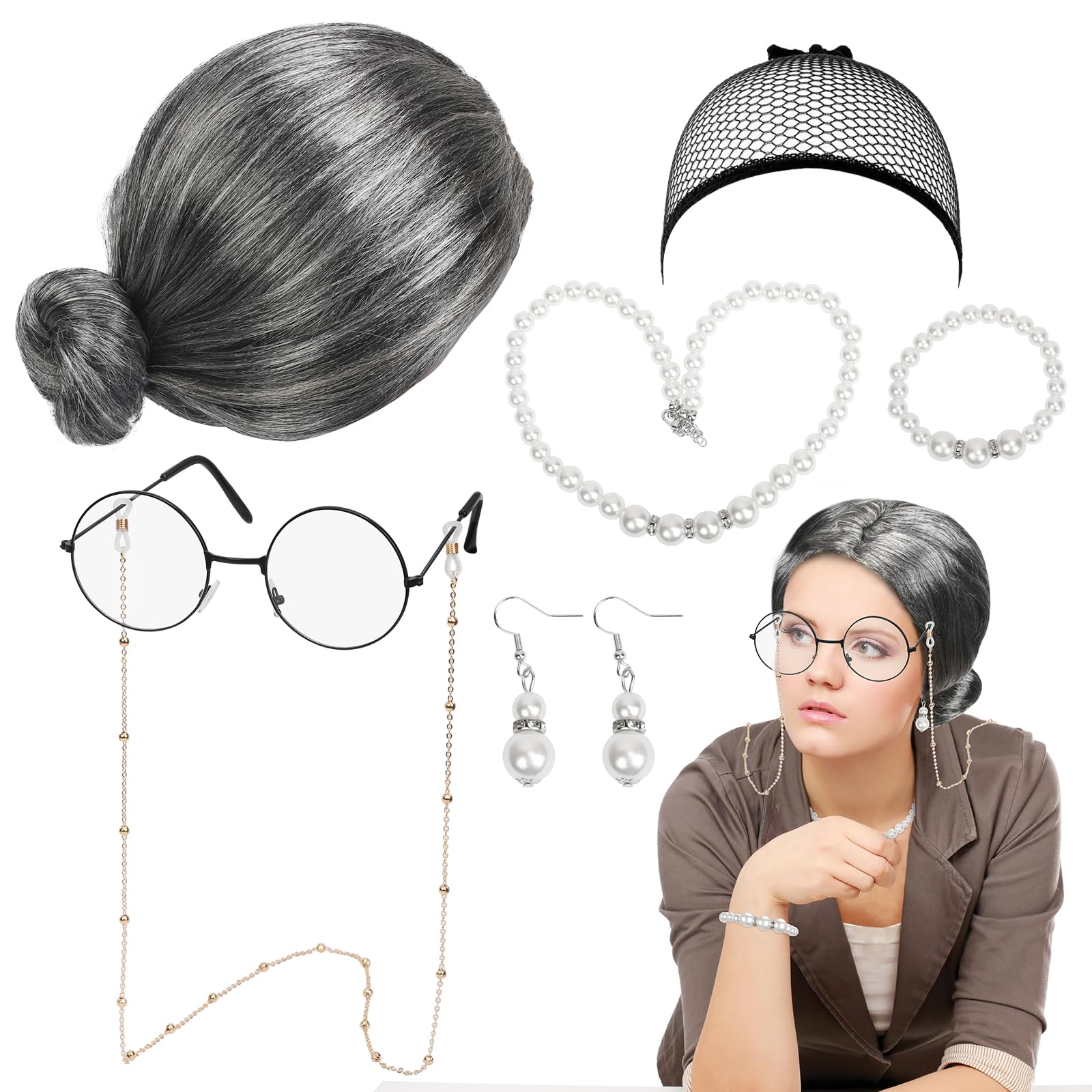HONMOK 7Pcs Old Lady Costume Set Grandma Fancy Dress Kit with Grey Granny Wig Glasses Eyeglass Chain Bracelet Necklace Earrings for Carnival World Book Day Masquerade Outfit Accessories