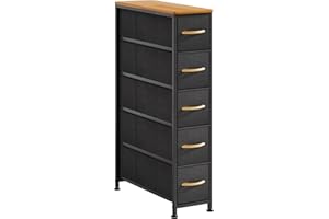 EKNKOZY Narrow Dresser Storage Tower with 5 Drawers, Slim Dresser Chest of Drawers with Steel Frame, Wood Top, Dresser for Bedroom, Bathroom, Small Spaces, Laundry, Closet, Black