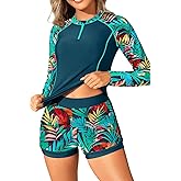 Long Sleeve Rash Guard for Women - 2 Piece Swimsuit with Shorts Zip Up Swim Shirt with Built-in Bra