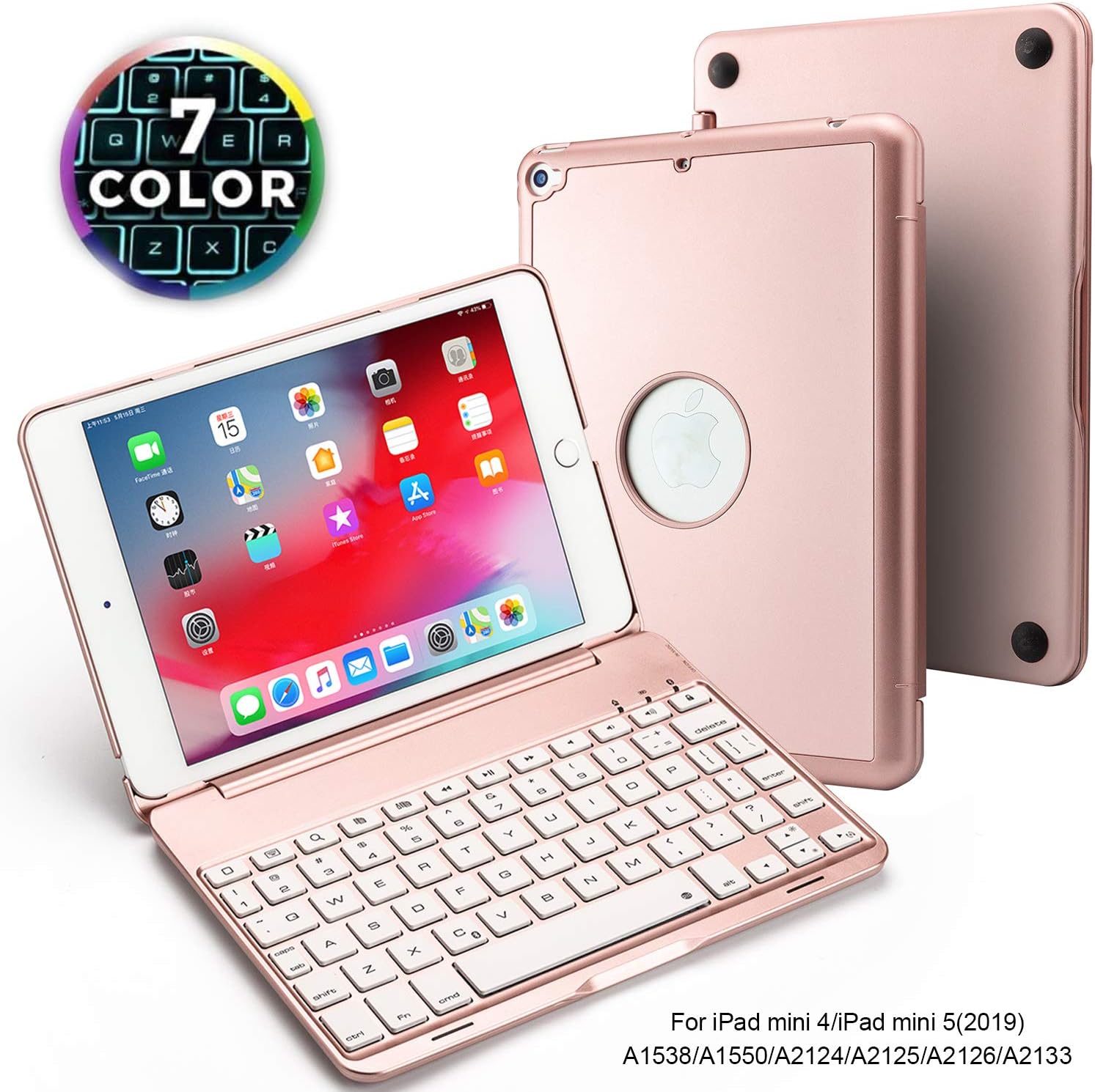 CouHaP Apple iPad Mini Bluetooth Keyboard Folio Case Cover Aluminium Alloy iPad mini 4 Cover Keyboard with 7 Color Backlit Tablet Keyboard Rose Gold