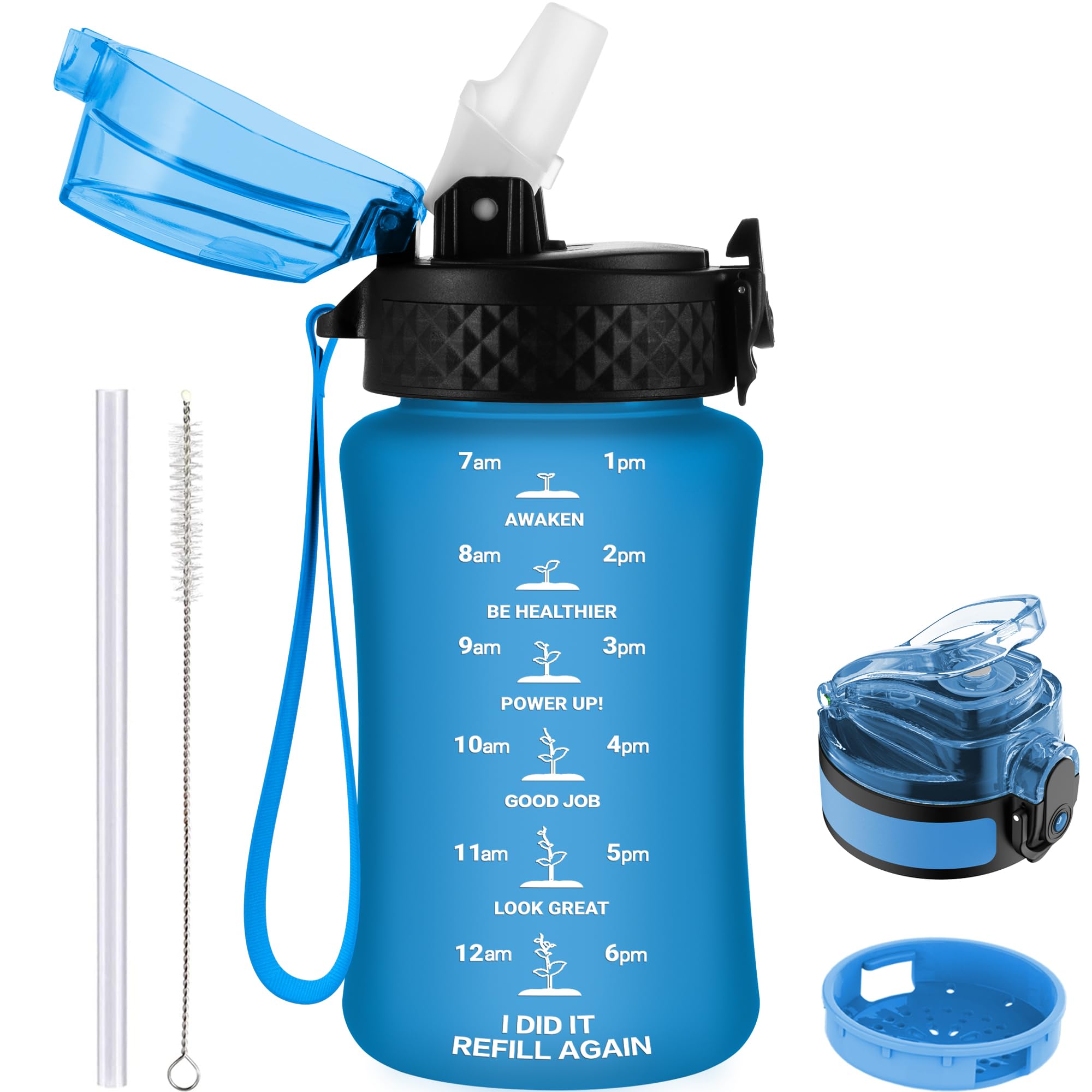 GOPPUS 350ml/12oz Kids Water Bottle With Straw Tritan Drinks Bottle with Strap Small Toddler Juice Bottles with Flip Top Lid Leakproof Children's Cup with Time Marking BPA free Girl Boy (Blue)