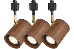 BISAMIYA Modern H Type Track Lighting, Adjustable Black Finish and Real Dark Wood Lampshade Spotlight Heads, Brass Swivel Item Kit, for Accent Retail-Pack of 3