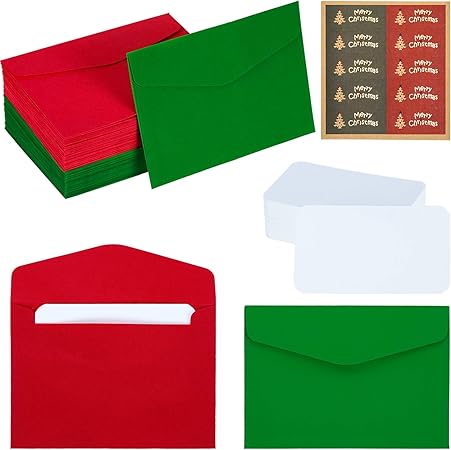 Amazon クリスマスミニ封筒 ギフトカード封筒 80枚セット 赤 緑 小さな封筒 白い空白のノートカードとクリスマスツリーステッカー パーティー用品 挨拶状封筒 文房具 オフィス用品