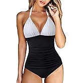 RXRXCOCO Women V Neck One Piece Swimsuits Tummy Control Ruched Swimwear Halter Bathing Suit