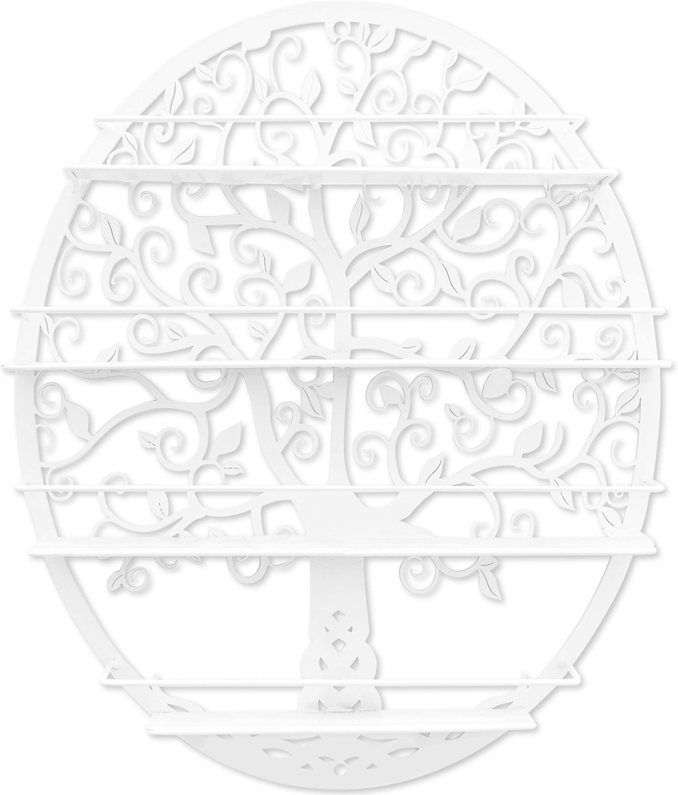 SoCal Buttercup Essential Oils & Nail Polish Storage - Display Organiser Shelf that can hold up to 10 ml. bottles - Oval Metal with Tree Silhouette - Wall Mounted Round Rack Oil Bottle Storage (White)