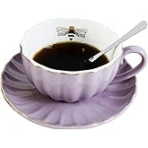 YBK Tech Strengthen Porcelain Cup and Saucer Set, 9oz Cup with Saucer - Gold Bee Inside The Cup (Purple)