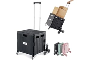 MACOPRO Foldable Utility Cart with Stair Climbing Wheels, Collapsible Rolling Crate with Telescoping Handle, Folding Shopping Trolley Handcart Grocery Book File Tool Teacher Storage Basket (Black)