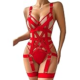 Lilosy Sexy Strappy Crisscross Cutout Underwire Garter Belt Lingerie Set Rave Outfits
