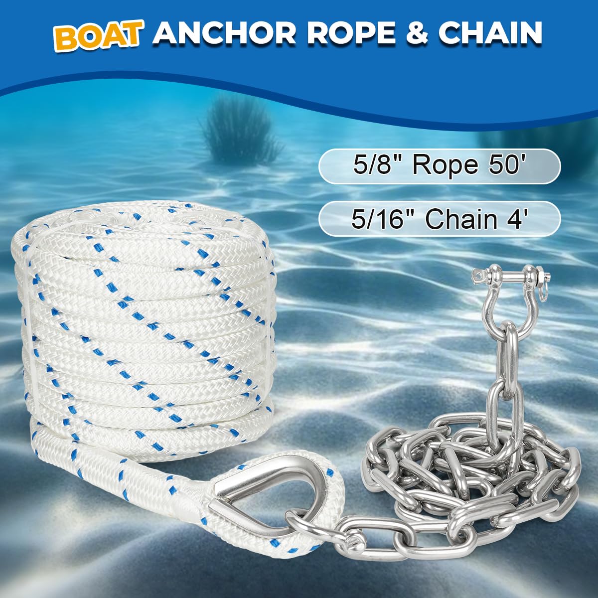Condition photo showing New/Like New for fucnen 5/8" boat anchor rope 50 ft with 316 stainless steel anchor chain 5/16" x 4 ft, 5/16" anti-of