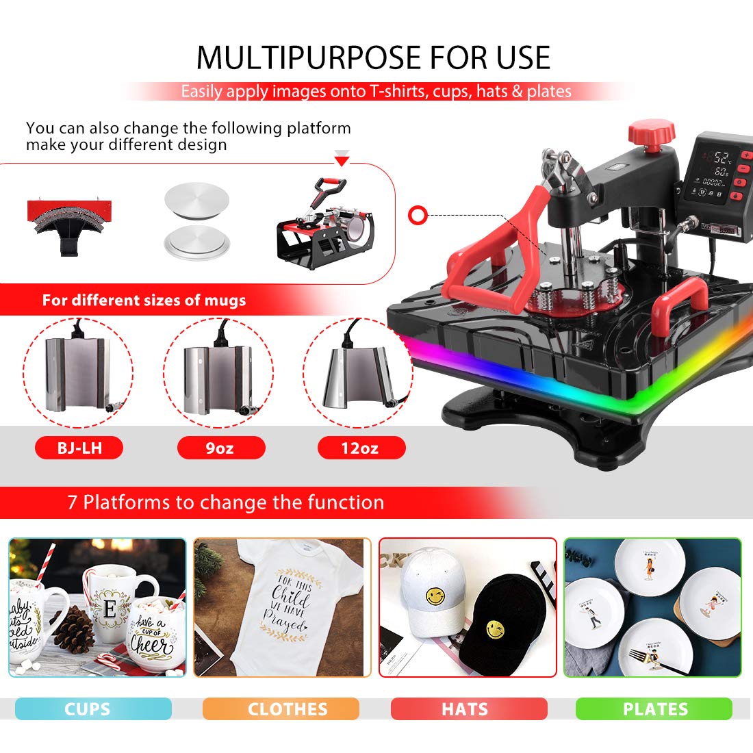 VIVOHOME Upgraded 8 in 1 Combo Multifunctional Swing Away Clamshell Printing Sublimation Heat Press Transfer Machine for T-Shirt Hat Cap Mug Plate 15 x 12 Inch ETL Listed